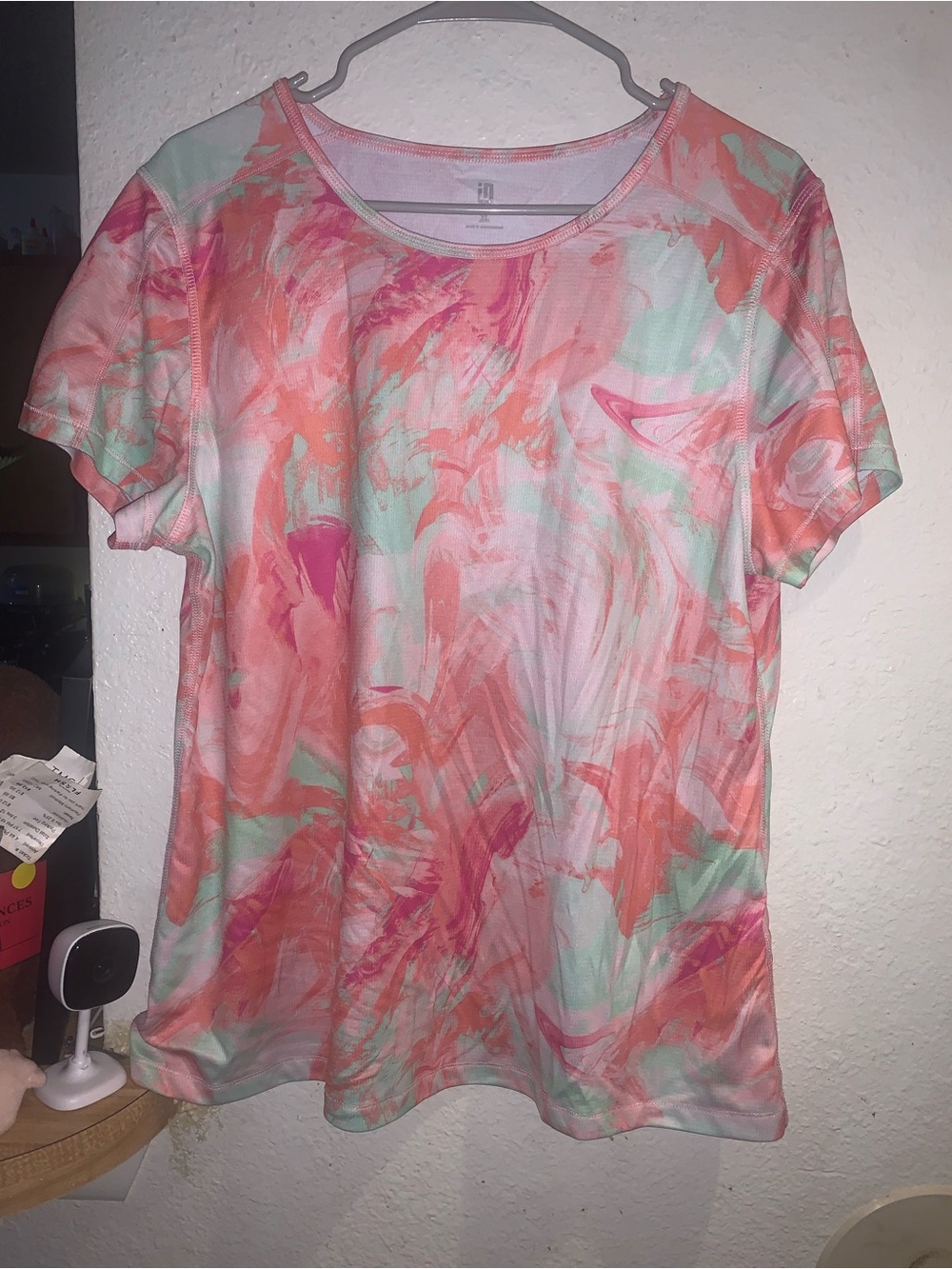 Women's Short Sleeve Scoop Neck Top - Coral Pink & Mint Abstract